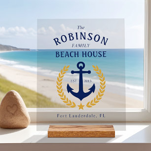 Family Name Beach House Anchor Gold Laurel Star Acrylic Sign