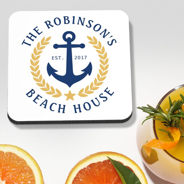 Family Name Beach House Anchor Gold Laurel White Coaster (Creator Uploaded)