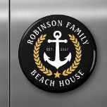 Family Name Beach House Anchor Gold style Laurel Magnet<br><div class="desc">A stylish nautical themed, round refrigerator magnet with your personalised family name and beach house, lake house, or other desired text and established date. Features a custom designed boat anchor with gold style laurel leaves and a star on black or easily customise the base colour to match your current decor...</div>