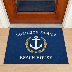 Family Name Beach House Anchor Navy Gold Laurel Doormat