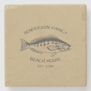 Family Name Beach House Fish Stone Coaster