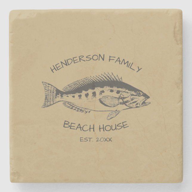 Family Name Beach House Fish Stone Coaster (Front)
