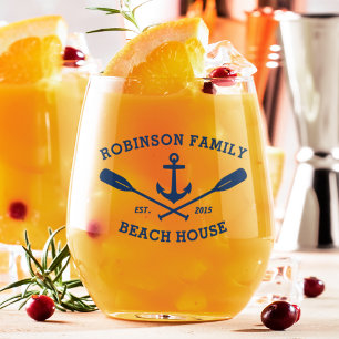 Family Name Beach House Nautical Anchor Oars Navy Stemless Wine Glass
