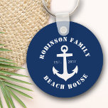 Family Name Beach House Nautical Boat Anchor Navy Key Ring<br><div class="desc">A stylish Keychain with your personalised family name and beach house,  lake house,  or other desired text. Features a custom designed nautical boat anchor in white on classic navy blue or easily customise the base colour to match your current decor or theme.</div>