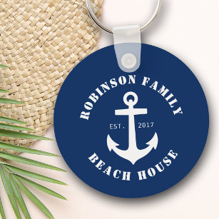 Family Name Beach House Nautical Boat Anchor Navy Key Ring
