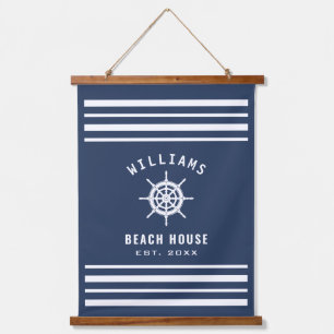 Family Name Beach House Navy Blue White Nautical Hanging Tapestry