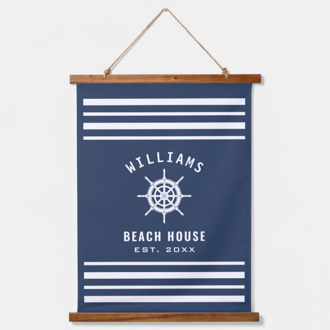 Family Name Beach House Navy Blue White Nautical Hanging Tapestry (Front)