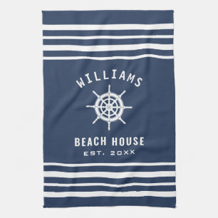 Family Name Beach House Navy Blue White Nautical Tea Towel