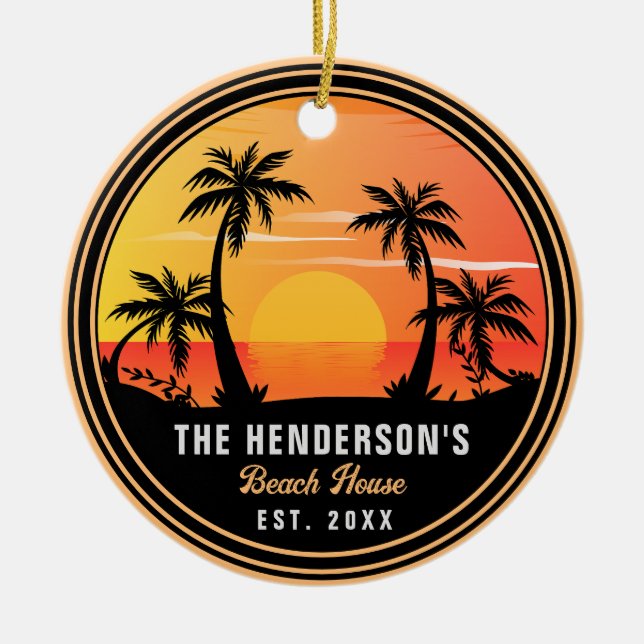 Family Name Beach House Retro Sunset Souvenirs 60s Ceramic Tree Decoration (Front)