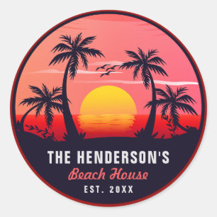 Family Name Beach House Retro Sunset Souvenirs 60s Classic Round Sticker