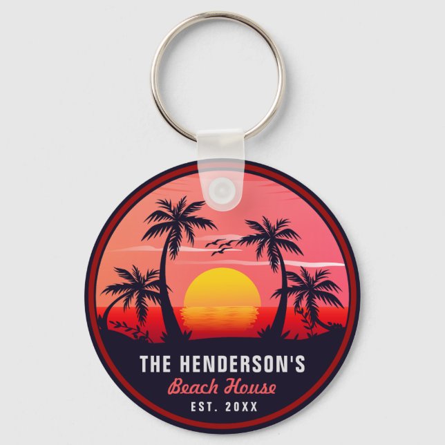 Family Name Beach House Retro Sunset Souvenirs 60s Key Ring (Front)