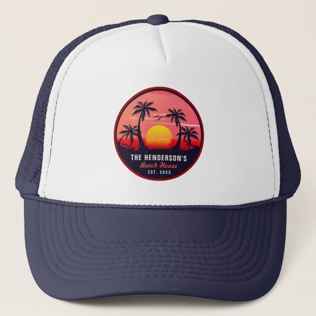 Family Name Beach House Retro Sunset Souvenirs 60s Trucker Hat (Front)