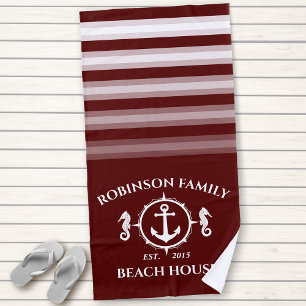 Family Name Beach House Seahorse Anchor Deep Red Towel