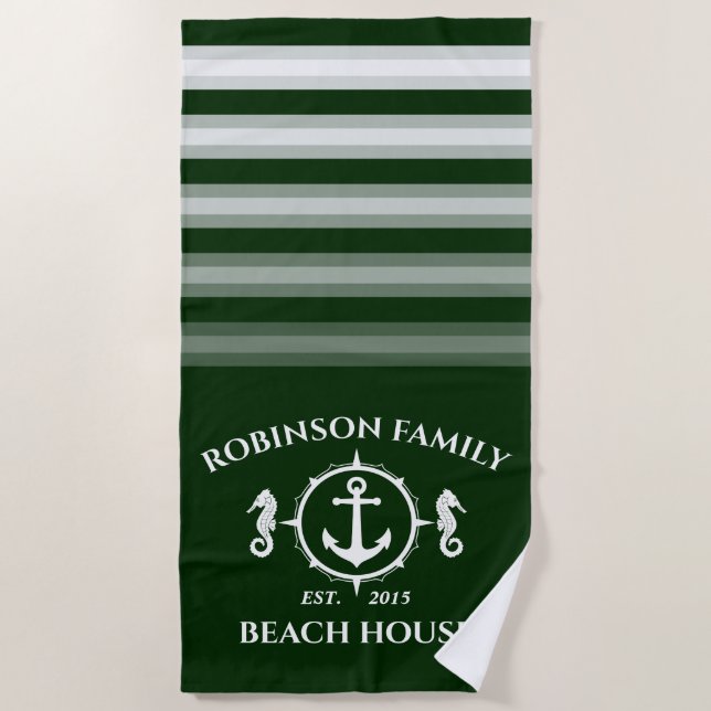 Family Name Beach House Seahorse Anchor Forest Beach Towel (Front)