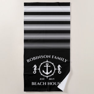 Family Name Beach House Seahorse Anchor Navy Black Beach Towel