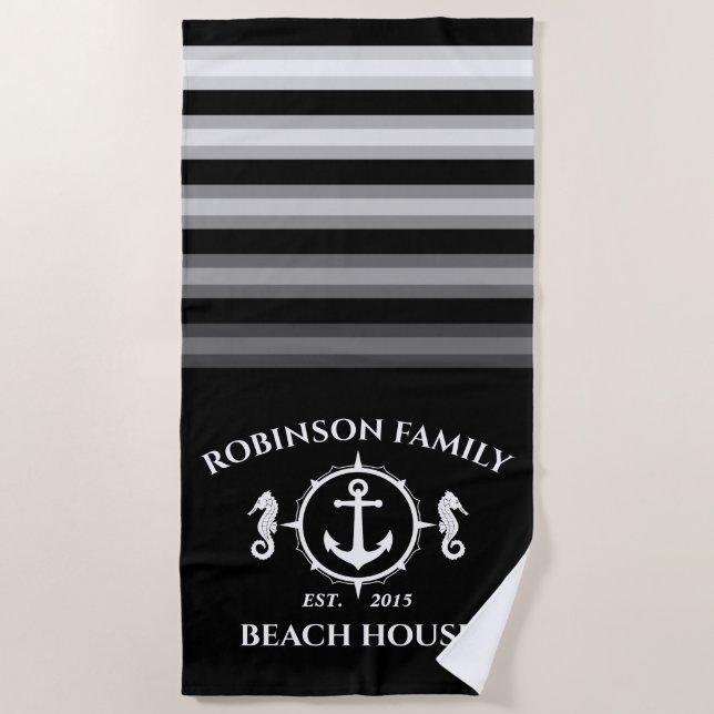 Family Name Beach House Seahorse Anchor Navy Black Beach Towel (Front)