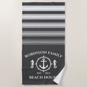 Family Name Beach House Seahorse Anchor Ship Grey Beach Towel