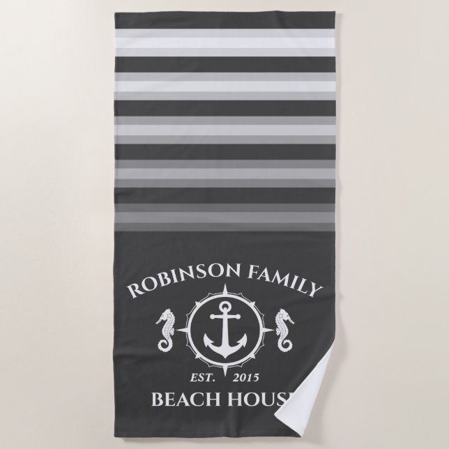 Family Name Beach House Seahorse Anchor Ship Grey Towel (Front)