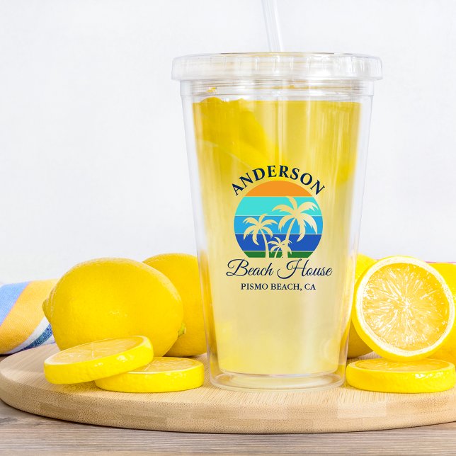 Family Name Beach House Sun Palm Trees Acrylic Tumbler (Customize to change text color, size or text style.)