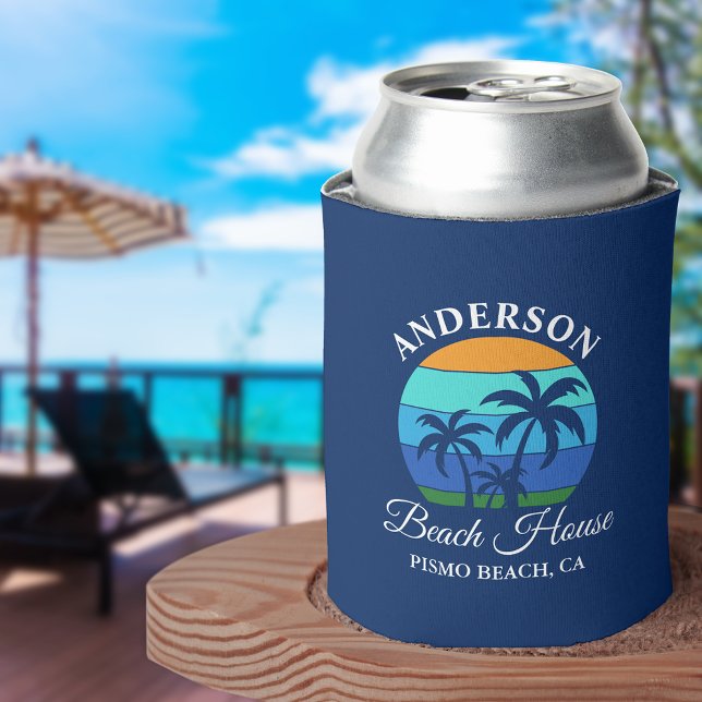 Family Name Beach House Sun Palm Trees Blue Can Cooler (Customize to change text size or text style.)