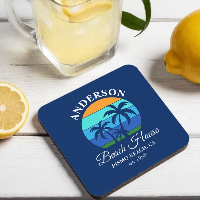 Family Name Beach House Sun Palm Trees Blue Coaster (Customize to change text size, style or background color.)
