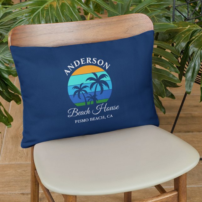 Family Name Beach House Sun Palm Trees Blue Decorative Cushion (Customize to change text size, style or background color.)