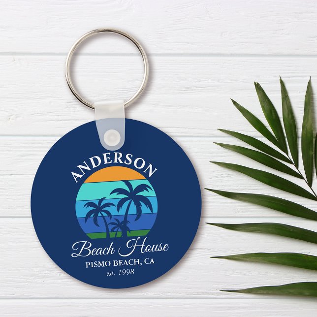 Family Name Beach House Sun Palm Trees Blue Key Ring (Customize to change text size, style or background color.)
