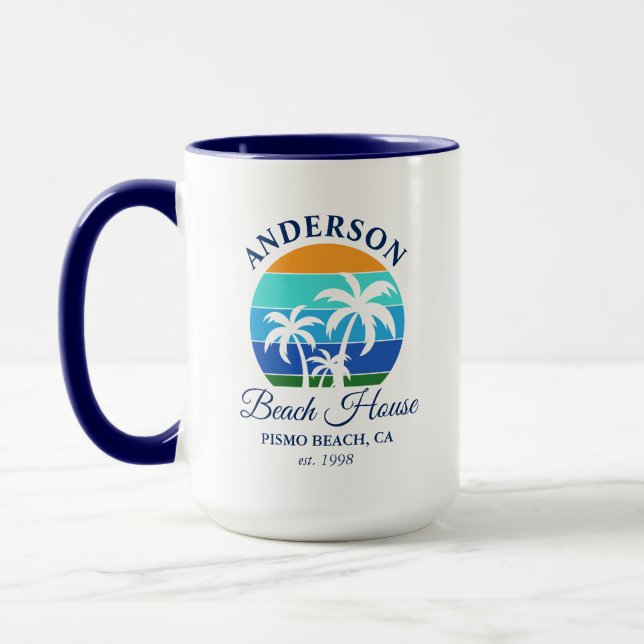 Family Name Beach House Sun Palm Trees Blue Large Mug (Left)