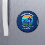 Family Name Beach House Sun Palm Trees Blue Magnet<br><div class="desc">Family Name Beach House Summer Palm Trees Sunset Retro Style Navy Blue Refrgerator Magnet. Personalise with your family name,  location,  year or date established and more.</div>