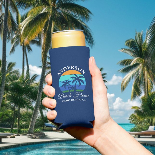 Family Name Beach House Sun Palm Trees Blue Seltzer Can Cooler (Customize to change text size or text style.)