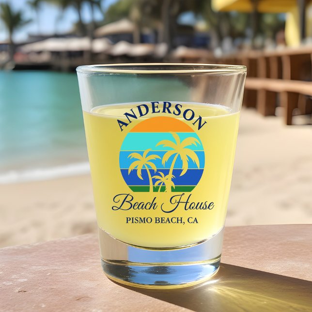 Family Name Beach House Sun Palm Trees Shot Glass (Customize to change text size, color or text style.)