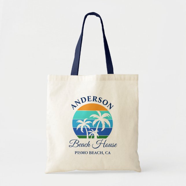 Family Name Beach House Sun Palm Trees Tote Bag (Front)