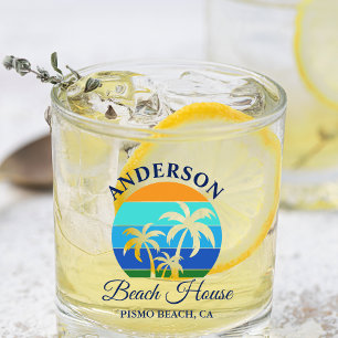 Family Name Beach House Sun Palm Trees Whiskey Glass