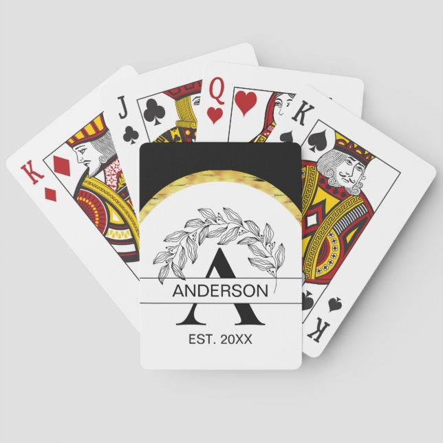 Family Name Black and White Floral Monogrammed Playing Cards (Back)