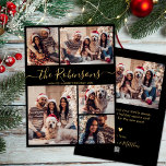 Family Name Black Gold 5 Photo Collage Christmas  Holiday Card<br><div class="desc">Modern Simple Elegant Calligraphy Black and Gold 5 Photo Collage Family Name Script Merry Christmas Holiday Card. This festive, minimalist, whimsical five (5) photo holiday greeting card template features a pretty grid photo collage, a huge "Family Name" text which is written in a beautiful hand lettered swirly swash-tail font script...</div>