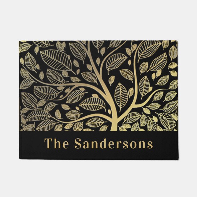  Family Name Black Gold Leaves Doormat (Front)