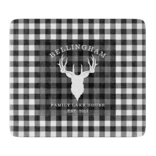 Family Name Black White Lake House Gingham Plaid Cutting Board