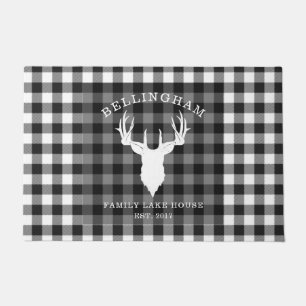 Family Name Black White Lake House Gingham Plaid Doormat