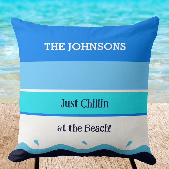 Family Name Blue Stripes Chillin Beach House Cushion (Creator Uploaded)