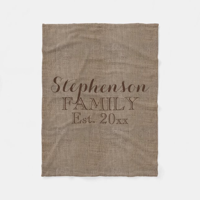 Family Name Burlap Rustic Fleece Blanket (Front)