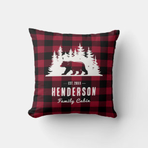 Family Name Cabin Cottage Bear Red Cushion