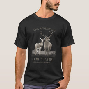 Family Name Cabin Deer Pine Tree Forest Black T-Shirt