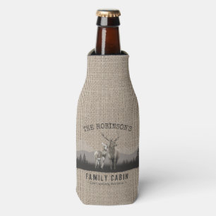 Family Name Cabin Deer Pine Tree Forest Burlap Bottle Cooler