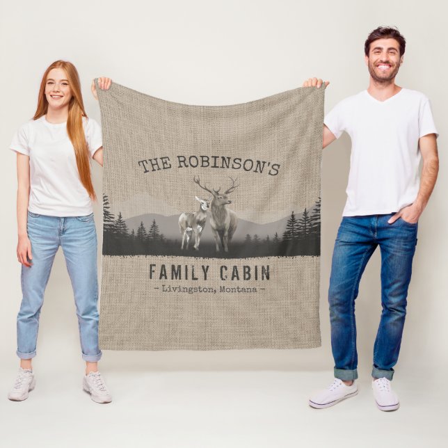 Family Name Cabin Deer Pine Tree Forest Burlap Fleece Blanket (In Situ)
