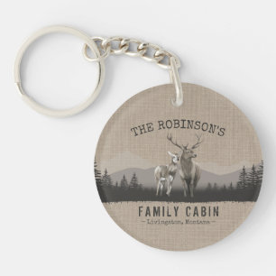 Family Name Cabin Deer Pine Tree Forest Burlap Key Ring