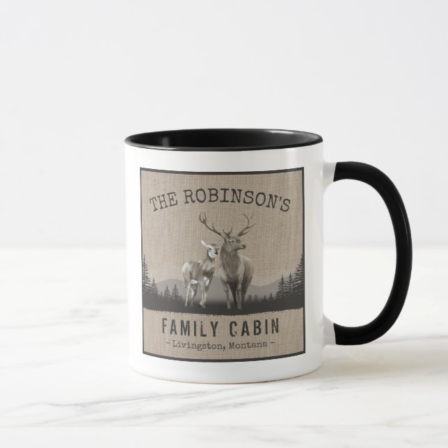 Family Name Cabin Deer Pine Tree Forest Burlap Mug (Right)