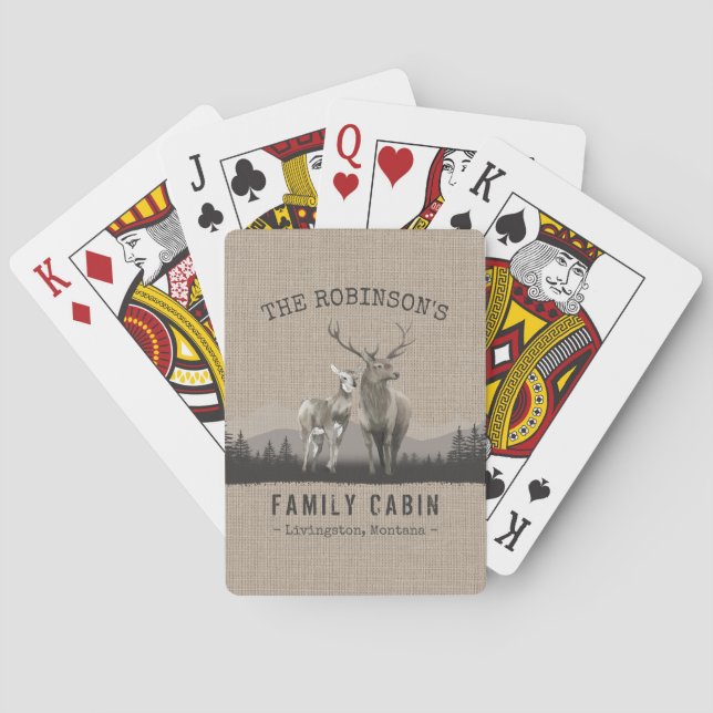 Family Name Cabin Deer Pine Tree Forest Burlap Playing Cards (Back)