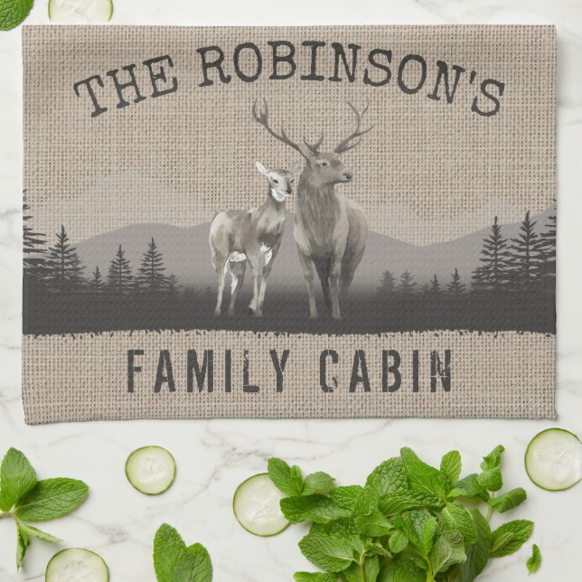 Family Name Cabin Deer Pine Tree Forest Burlap Tea Towel (Folded)