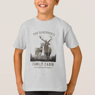 Family Name Cabin Deer Pine Tree Forest Grey T-Shirt