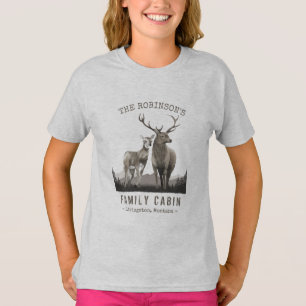Family Name Cabin Deer Pine Tree Forest Grey T-Shirt